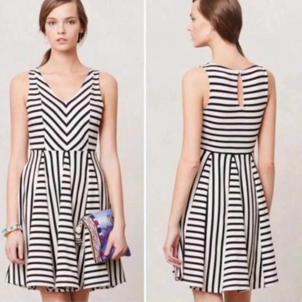 Anthropologie Saturday Sunday Striped Dress, Fit and Flare, Black & White, Sz L - Picture 1 of 11